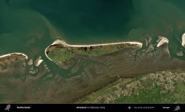 Ameland 'da. Şubat 2019 'da çekilen Kopernik Nöbetçi karolarından oluşan uydu görüntüsü üzerinde Hollanda' nın idari bölgesi