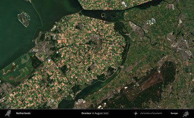 Dronten. Ağustos 2022 'de çekilen Kopernik Nöbetçi karolarından oluşan bir uydu görüntüsü üzerinde Hollanda' nın idari alanı