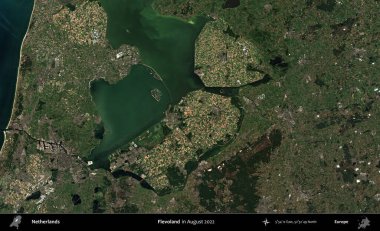 Flevoland. Ağustos 2022 'de çekilen Kopernik Nöbetçi karolarından oluşan bir uydu görüntüsü üzerinde Hollanda' nın idari alanı