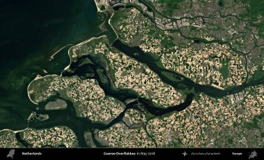 Goeree-Overflakkee. Mayıs 2018 'de çekilen Kopernik Nöbetçi karolarından oluşan uydu görüntüsü üzerinde Hollanda' nın idari bölgesi