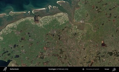 Groningen. Şubat 2019 'da çekilen Kopernik Nöbetçi karolarından oluşan uydu görüntüsü üzerinde Hollanda' nın idari bölgesi