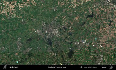 Groningen. Ağustos 2019 'da çekilen Kopernik Nöbetçi karolarından oluşan uydu görüntüsü üzerinde Hollanda' nın idari bölgesi