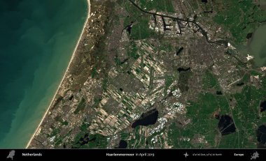 Haarlemmermeer. Nisan 2019 'da çekilen Kopernik Nöbetçi karolarından oluşan uydu görüntüsü üzerinde Hollanda' nın idari bölgesi