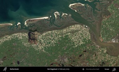 Het Hogeland. Şubat 2019 'da çekilen Kopernik Nöbetçi karolarından oluşan uydu görüntüsü üzerinde Hollanda' nın idari bölgesi