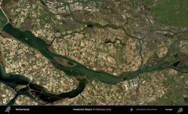 Hoeksche Waard. Şubat 2019 'da çekilen Kopernik Nöbetçi karolarından oluşan uydu görüntüsü üzerinde Hollanda' nın idari bölgesi