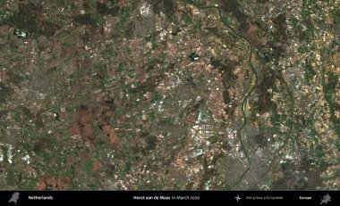 Horst aan de Maas. Mart 2020 'de çekilen Kopernik Nöbetçi karolarından oluşan uydu görüntüsü üzerinde Hollanda' nın idari bölgesi