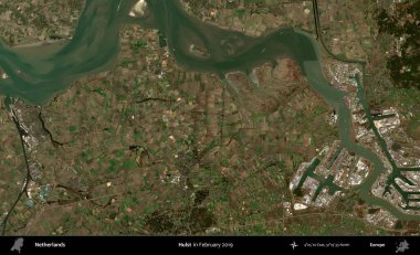 Hulst. Şubat 2019 'da çekilen Kopernik Nöbetçi karolarından oluşan uydu görüntüsü üzerinde Hollanda' nın idari bölgesi