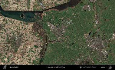 Kampen. Şubat 2019 'da çekilen Kopernik Nöbetçi karolarından oluşan uydu görüntüsü üzerinde Hollanda' nın idari bölgesi