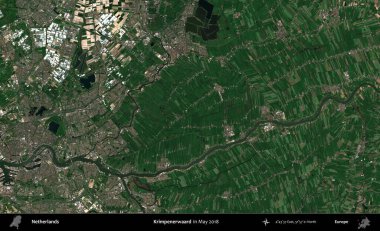 Krimpenerwaard. Mayıs 2018 'de çekilen Kopernik Nöbetçi karolarından oluşan uydu görüntüsü üzerinde Hollanda' nın idari bölgesi