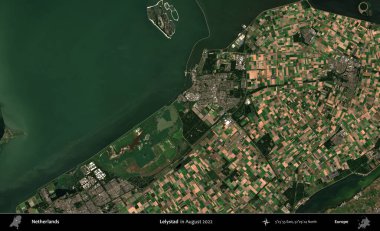 Lelystad. Ağustos 2022 'de çekilen Kopernik Nöbetçi karolarından oluşan bir uydu görüntüsü üzerinde Hollanda' nın idari alanı