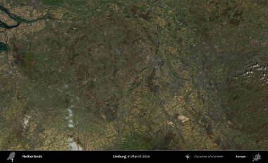 Limburg. Mart 2020 'de çekilen Kopernik Nöbetçi karolarından oluşan uydu görüntüsü üzerinde Hollanda' nın idari bölgesi