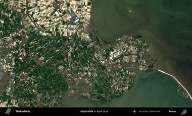 Medemblik. Nisan 2019 'da çekilen Kopernik Nöbetçi karolarından oluşan uydu görüntüsü üzerinde Hollanda' nın idari bölgesi