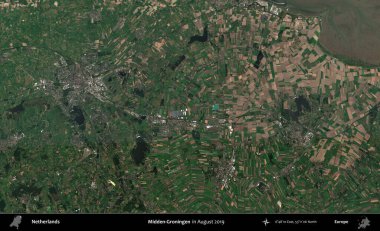 Midden-Groningen. Ağustos 2019 'da çekilen Kopernik Nöbetçi karolarından oluşan uydu görüntüsü üzerinde Hollanda' nın idari bölgesi