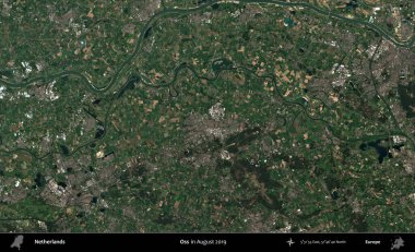 Oss. Ağustos 2019 'da çekilen Kopernik Nöbetçi karolarından oluşan uydu görüntüsü üzerinde Hollanda' nın idari bölgesi
