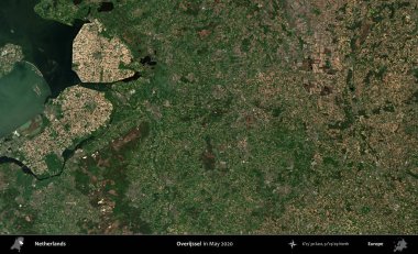 Overijssel. Mayıs 2020 'de Copernicus Sentinel karolarından oluşan bir uydu görüntüsü üzerinde Hollanda' nın idari bölgesi