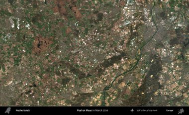 Peel en Maas. Mart 2020 'de çekilen Kopernik Nöbetçi karolarından oluşan uydu görüntüsü üzerinde Hollanda' nın idari bölgesi
