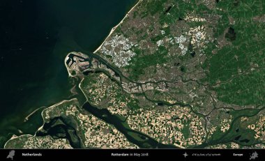 Rotterdam. Mayıs 2018 'de çekilen Kopernik Nöbetçi karolarından oluşan uydu görüntüsü üzerinde Hollanda' nın idari bölgesi