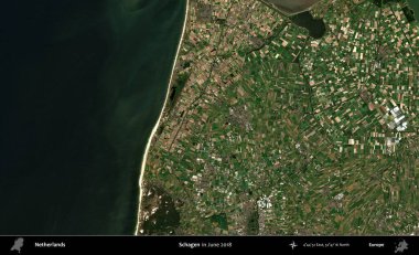 Schagen. Haziran 2018 'de çekilen Kopernik Nöbetçi karolarından oluşan uydu görüntüsü üzerinde Hollanda' nın idari bölgesi