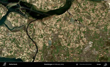 Steenbergen. Şubat 2019 'da çekilen Kopernik Nöbetçi karolarından oluşan uydu görüntüsü üzerinde Hollanda' nın idari bölgesi