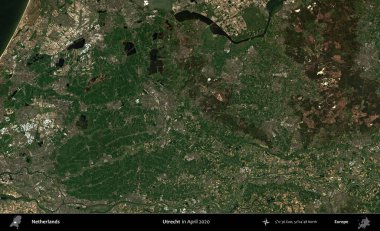 Utrecht. Nisan 2020 'de çekilen Kopernik Nöbetçi karolarından oluşan bir uydu görüntüsü üzerinde Hollanda' nın idari alanı