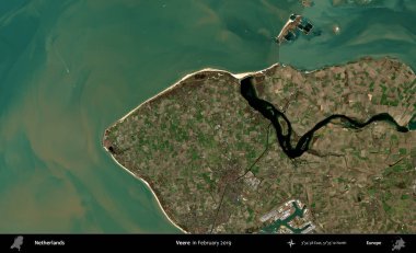 Veere. Şubat 2019 'da çekilen Kopernik Nöbetçi karolarından oluşan uydu görüntüsü üzerinde Hollanda' nın idari bölgesi