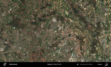 Venray. Mart 2020 'de çekilen Kopernik Nöbetçi karolarından oluşan uydu görüntüsü üzerinde Hollanda' nın idari bölgesi