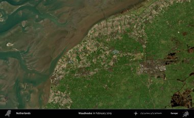 Waadhoeke. Şubat 2019 'da çekilen Kopernik Nöbetçi karolarından oluşan uydu görüntüsü üzerinde Hollanda' nın idari bölgesi