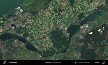 Zeewolde. Ağustos 2019 'da çekilen Kopernik Nöbetçi karolarından oluşan uydu görüntüsü üzerinde Hollanda' nın idari bölgesi