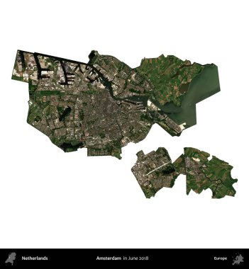Amsterdam mı? Hollanda idari bölgesi, Haziran 2018 'de çekilen Copernicus Sentinel karolarından oluşan bir uydu görüntüsü ile beyaza izole edilmiştir.