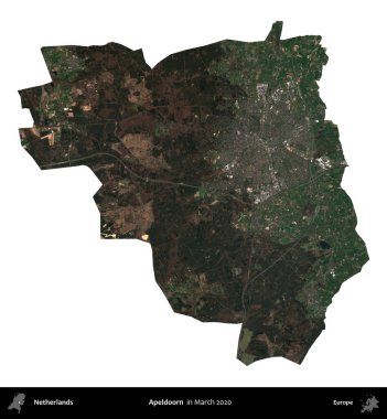 Apeldoorn. Hollanda idari bölgesi, Mart 2020 'de çekilen Kopernik Sentinel karolarından oluşan bir uydu görüntüsü ile beyaza izole edilmiştir.