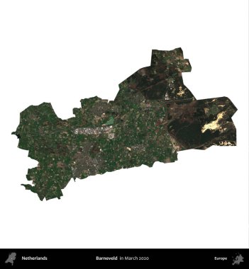 Barneveld. Hollanda idari bölgesi, Mart 2020 'de çekilen Kopernik Sentinel karolarından oluşan bir uydu görüntüsü ile beyaza izole edilmiştir.
