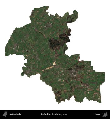 De Wolden. Hollanda idari bölgesi, Şubat 2019 'da çekilen Kopernik Sentinel karolarından oluşan bir uydu görüntüsü ile beyaza izole edilmiştir.