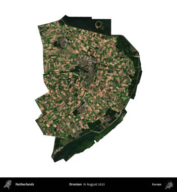 Dronten. Hollanda idari bölgesi, Ağustos 2022 'de çekilen Kopernik Sentinel karolarından oluşan bir uydu görüntüsü ile beyaza izole edildi.