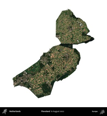 Flevoland. Hollanda idari bölgesi, Ağustos 2022 'de çekilen Kopernik Sentinel karolarından oluşan bir uydu görüntüsü ile beyaza izole edildi.