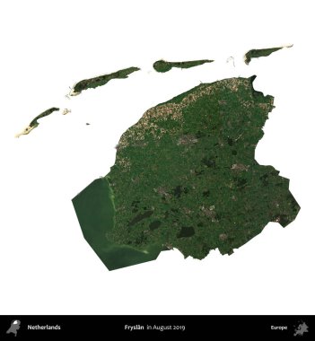 Fryslan. Hollanda idari bölgesi Ağustos 2019 'da çekilen Kopernik Sentinel karolarından oluşan bir uydu görüntüsü ile beyaza izole edilmiştir.
