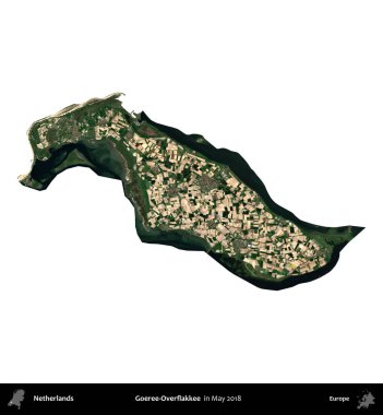 Goeree-Overflakkee. Hollanda idari bölgesi, Mayıs 2018 'de Copernicus Sentinel karolarından oluşan bir uydu görüntüsü ile beyaza izole edildi.
