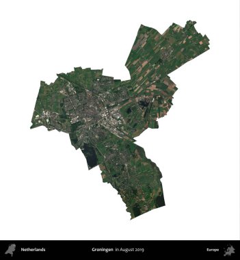 Groningen. Hollanda idari bölgesi Ağustos 2019 'da çekilen Kopernik Sentinel karolarından oluşan bir uydu görüntüsü ile beyaza izole edilmiştir.