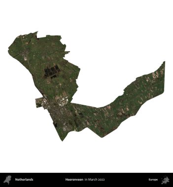 Heerenveen. Hollanda idari bölgesi, Mart 2022 'de çekilen Kopernik Sentinel karolarından oluşan bir uydu görüntüsü ile beyaza izole edilmiştir.