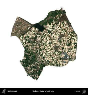 Hollands Kroon. Hollanda idari bölgesi, Nisan 2019 'da çekilen Kopernik Sentinel karolarından oluşan bir uydu görüntüsü ile beyaza izole edilmiştir.