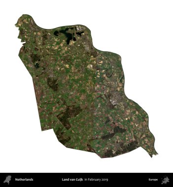 Van Cuijk 'e in. Hollanda idari bölgesi, Şubat 2019 'da çekilen Kopernik Sentinel karolarından oluşan bir uydu görüntüsü ile beyaza izole edilmiştir.