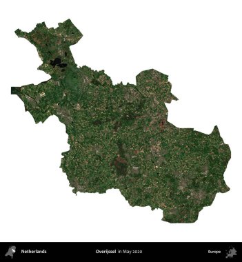 Overijssel. Hollanda idari bölgesi, Mayıs 2020 'de Copernicus Sentinel karolarından oluşan bir uydu görüntüsü ile beyaza izole edildi.