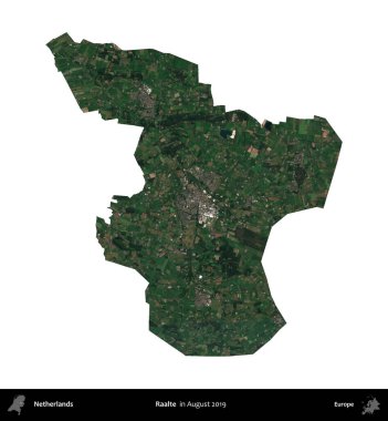 Raalte. Hollanda idari bölgesi Ağustos 2019 'da çekilen Kopernik Sentinel karolarından oluşan bir uydu görüntüsü ile beyaza izole edilmiştir.