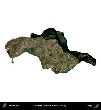 Schouwen-Dui. Hollanda idari bölgesi, Şubat 2019 'da çekilen Kopernik Sentinel karolarından oluşan bir uydu görüntüsü ile beyaza izole edilmiştir.