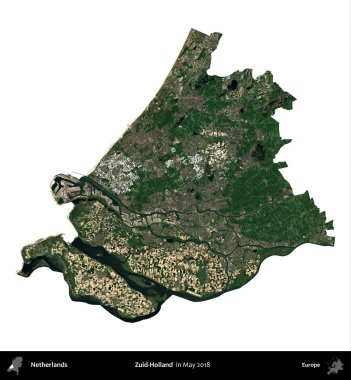Zuid-Holland. Hollanda idari bölgesi, Mayıs 2018 'de Copernicus Sentinel karolarından oluşan bir uydu görüntüsü ile beyaza izole edildi.