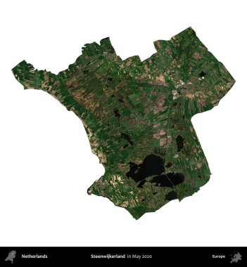 Steenwijkerland 'da. Hollanda idari bölgesi, Mayıs 2020 'de Copernicus Sentinel karolarından oluşan bir uydu görüntüsü ile beyaza izole edildi.