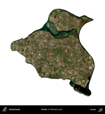 Çalıntı. Hollanda idari bölgesi, Şubat 2019 'da çekilen Kopernik Sentinel karolarından oluşan bir uydu görüntüsü ile beyaza izole edilmiştir.