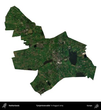Tytsjerksteradiel. Hollanda idari bölgesi Ağustos 2019 'da çekilen Kopernik Sentinel karolarından oluşan bir uydu görüntüsü ile beyaza izole edilmiştir.