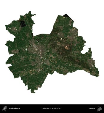 Utrecht. Hollanda idari bölgesi, Nisan 2020 'de çekilen Kopernik Sentinel karolarından oluşan bir uydu görüntüsü ile beyaza izole edilmiştir.