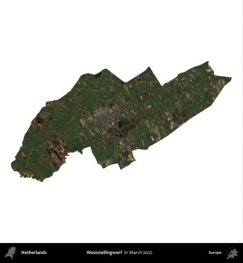 Weststellingwerf. Hollanda idari bölgesi, Mart 2022 'de çekilen Kopernik Sentinel karolarından oluşan bir uydu görüntüsü ile beyaza izole edilmiştir.