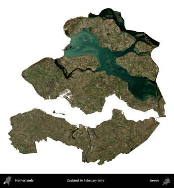 Zeeland. Hollanda idari bölgesi, Şubat 2019 'da çekilen Kopernik Sentinel karolarından oluşan bir uydu görüntüsü ile beyaza izole edilmiştir.